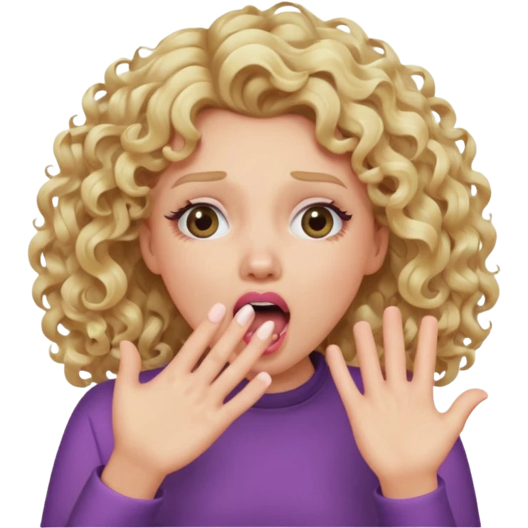 Emoji di ragazza bionda riccia che urla e mette una mano ben aperta in faccia davanti la bocca e gli occhi emoji
