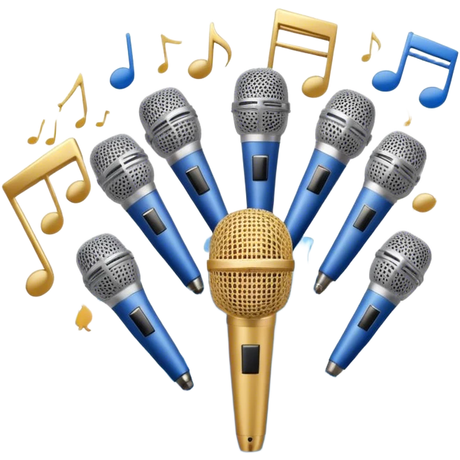 Create a harmonious and elegant emoji that represents choral singing. The design should feature multiple microphones arranged in a semi-circle, symbolizing a choir. Add musical notes flowing around to represent the harmony and unity of the voices. Include subtle elements like sheet music or a conductor's baton to reflect the organized aspect of choral performance. Use colors like gold, silver, and soft blue to evoke a sense of togetherness, professionalism, and grace. The background should be transparent. emoji
