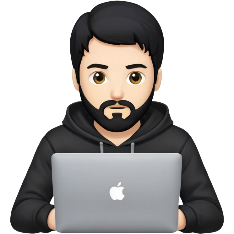 hackeur blanc cheveux noir barbe et capuche noir avec un macbook emoji