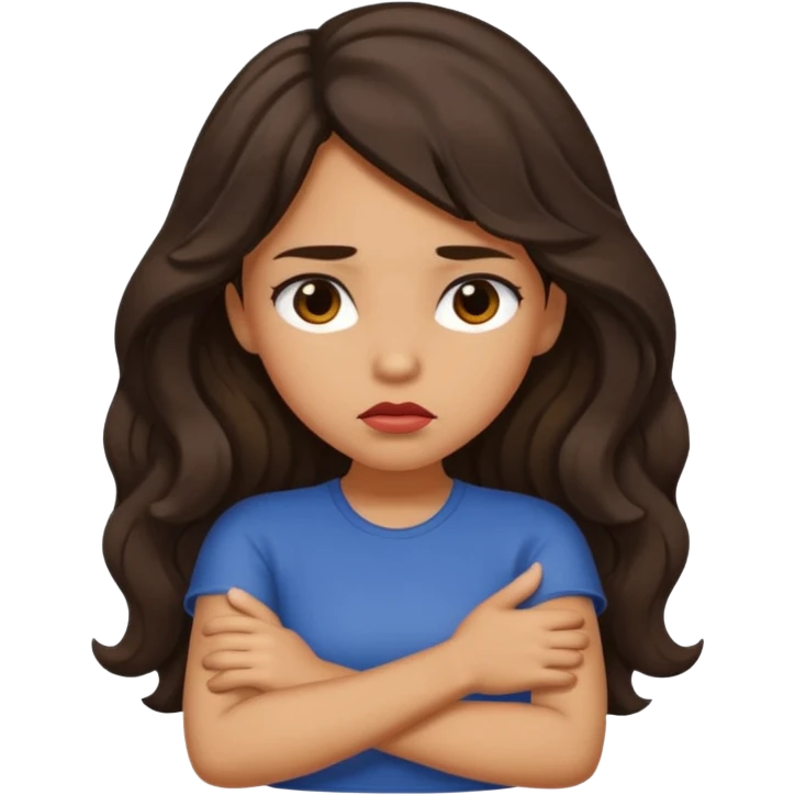 tan girl with dark, long, wavy hair crossing her arms and pouting emoji