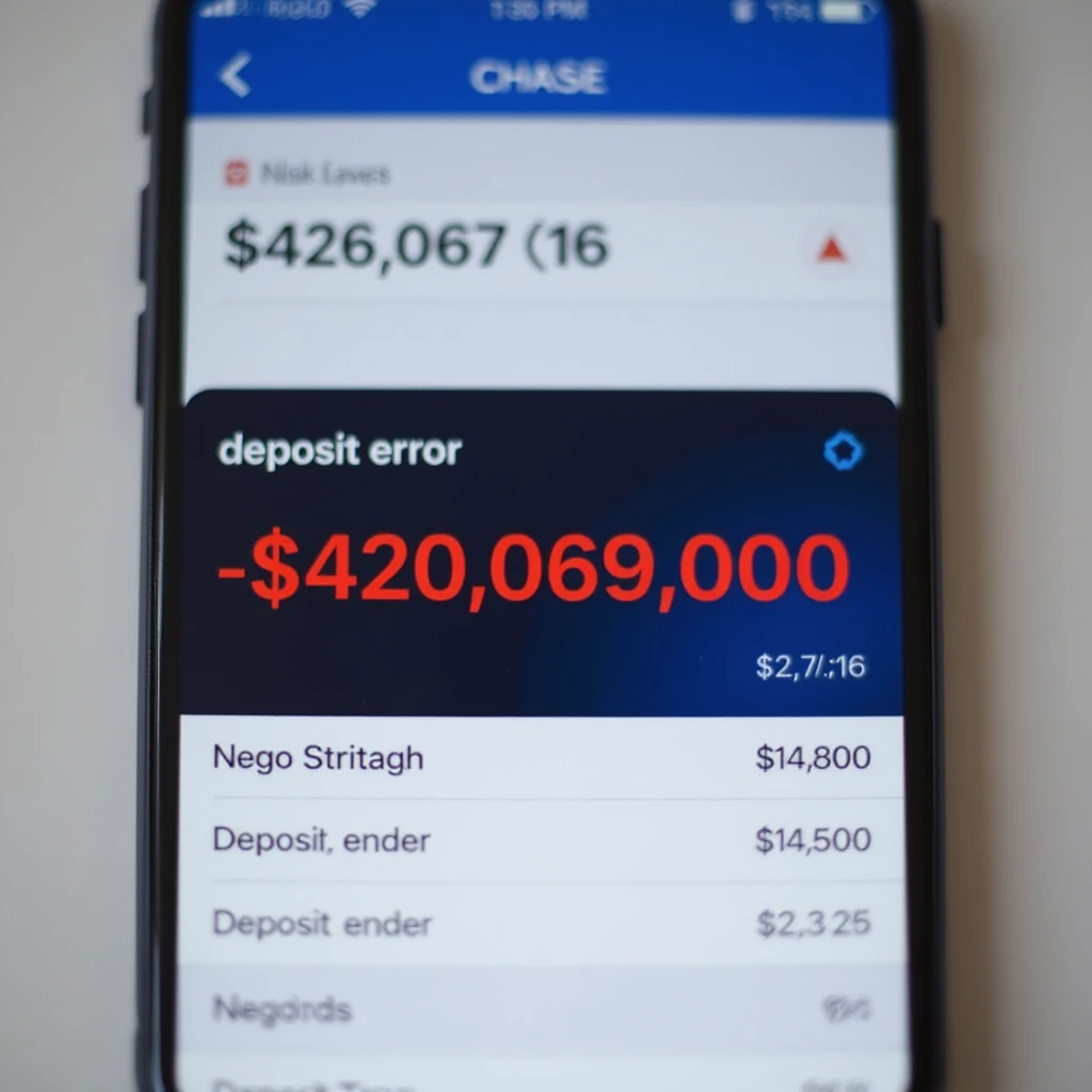 a iphone screenshot showing a chase bank balance of -$420,069,000, "deposit error" the numbers are shown in red, indicating a negative balance emoji
