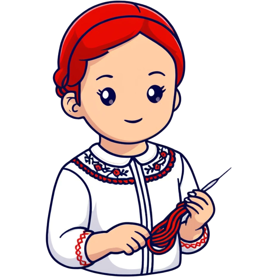 A young Ukrainian girl in a white embroidered shirt holds a red thread and a needle in her hand emoji