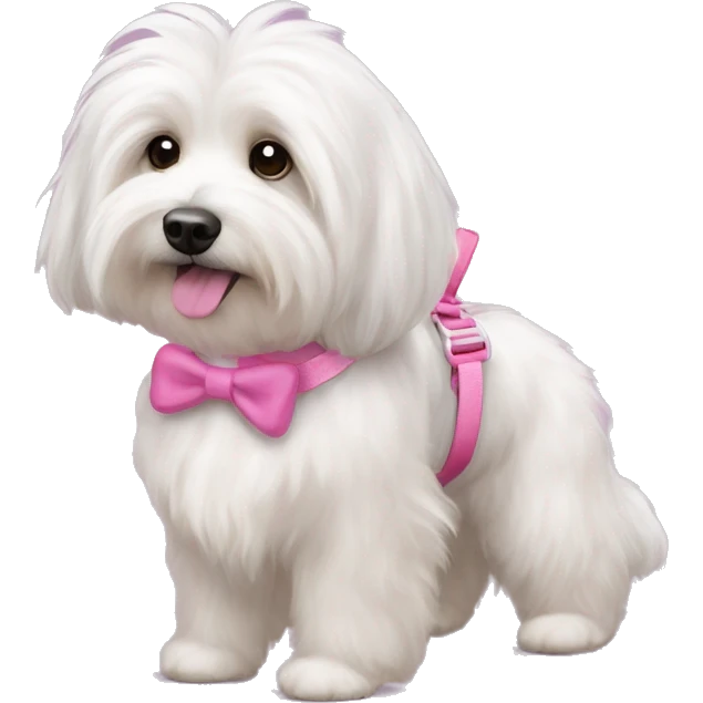 Long haired Coton de Tulear dog with pink harness and pink hair bow, pink dog bed, her name is Zoey emoji