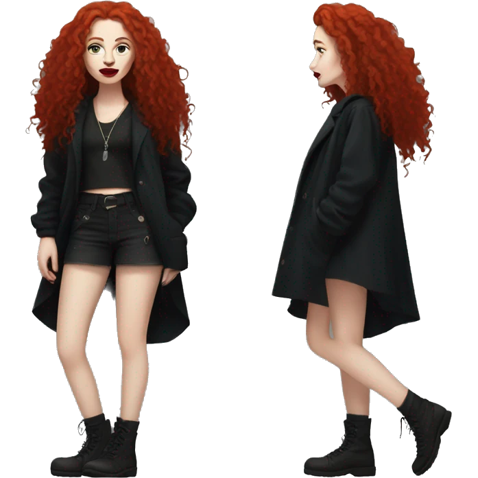 pale, punk woman, long curly red hair, full body, baggy dark clothes, red lipstick emoji