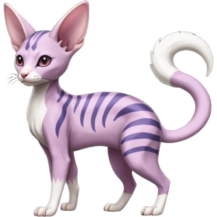 Furry, Purple, white, black, Minccino-Sphynx-Lykoi-Linoone-Zangoose-fusion-hybrid-animal-Fakémon-creature, full body, thin long sleek scaly tail, intricate markings emoji