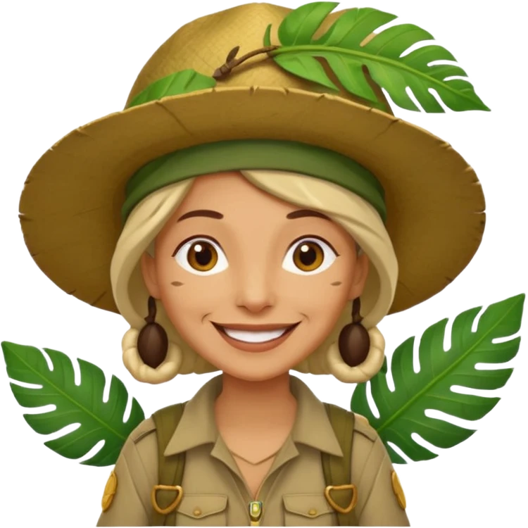 a old female explorer with jungle wearing a large leaf headgear bye  emoji
