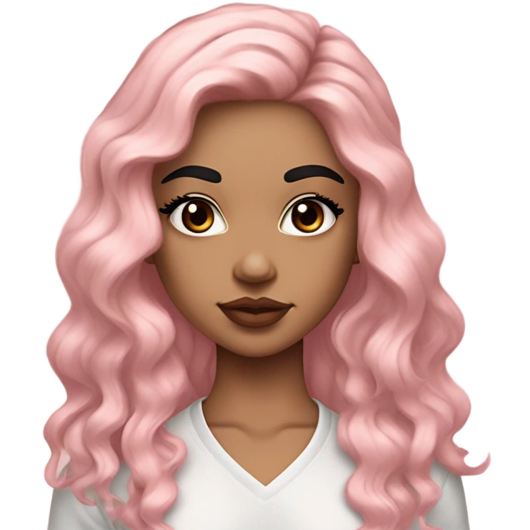 Light skin girl with Cupid bow lips and long eyelashes and black eyes straight eyebrows  wavy long black hair pink blush on cheeks wearing flare lace shirt  emoji