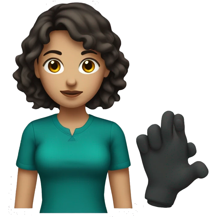 female with dark brown hair and short haor wearing a shirt that is colored dark teal with Control Alt Delete on it emoji