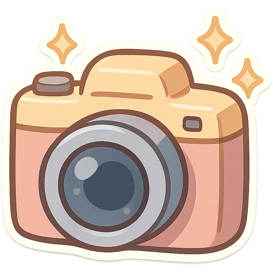 chibi sticker-style camera with sparkles, cute and exaggerated emoji