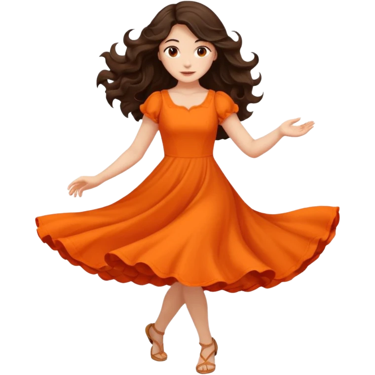 Long dark wavy hair women in orange standing spinning twirling around emoji