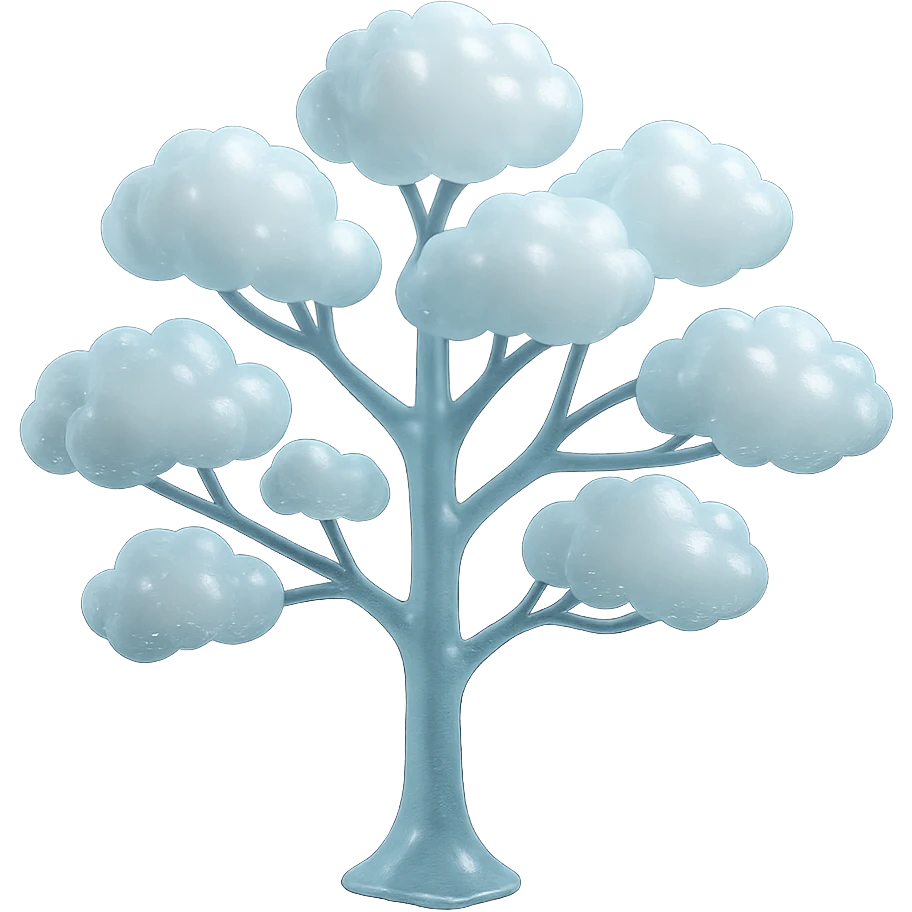one tree with many branches and a white trunk, crown made of small very bright white fluffy convex clouds, matte glass style emoji
