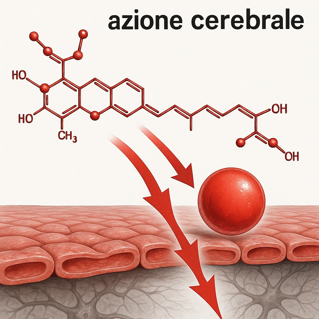 hyper realistic red astaxanthin molecule crossing a blood-brain barrier, scientific atmosphere, white background, red arrows, with text 'Astaxantina: azione cerebrale' emoji