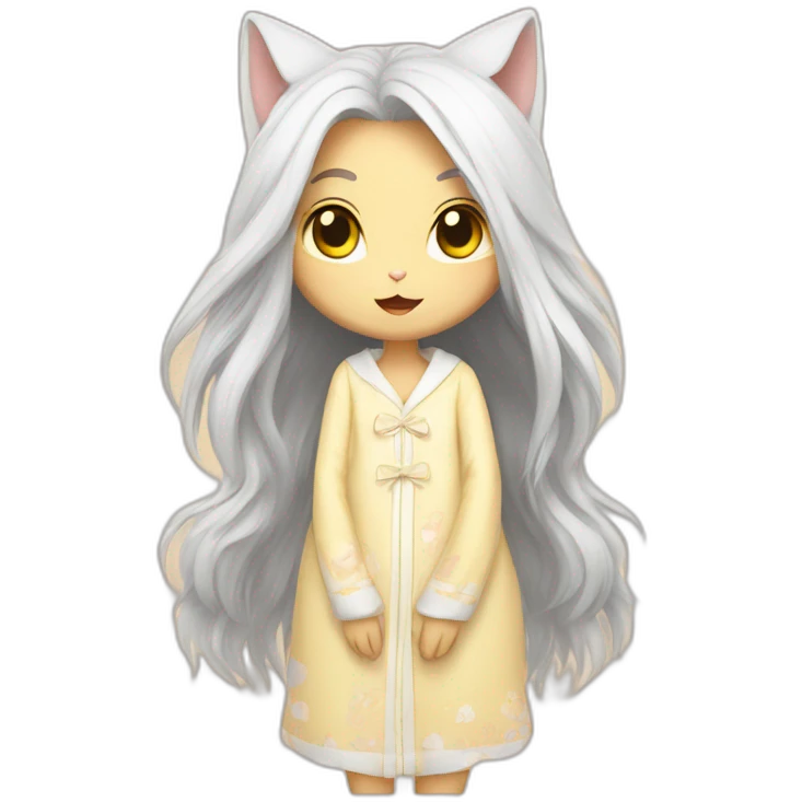 Cat-girl with long white hair yellow eyes in Choral pajamas consider emoji