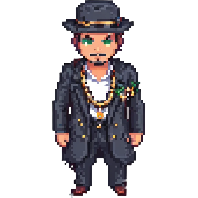 mafia guy with a gold chain and rings, flashy look, pixel art style emoji
