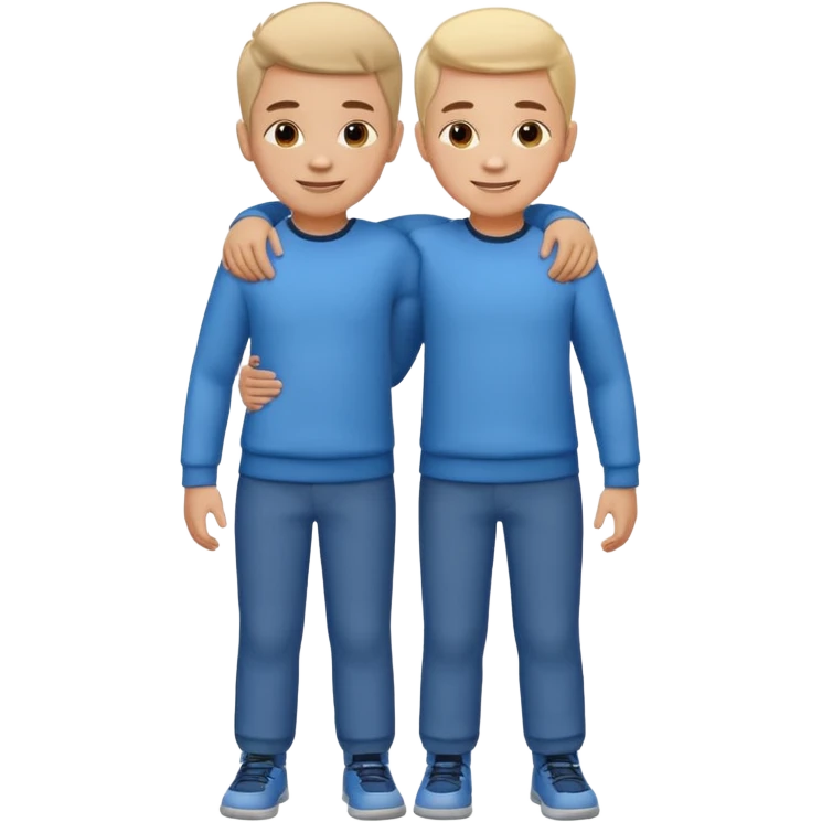 Two cartoon-style two  boy with similar features, arms around each other's shoulders, smiling, matching outfits, standing close, white background, emoji style emoji