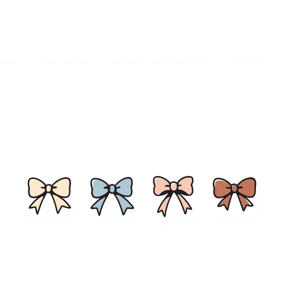 various bow styles including classic, ribbon, double, tied in pastel colors dd9fb0, ffc6d3, a3bfc9, c4bee2, f1b091, hand-drawn doodle style emoji