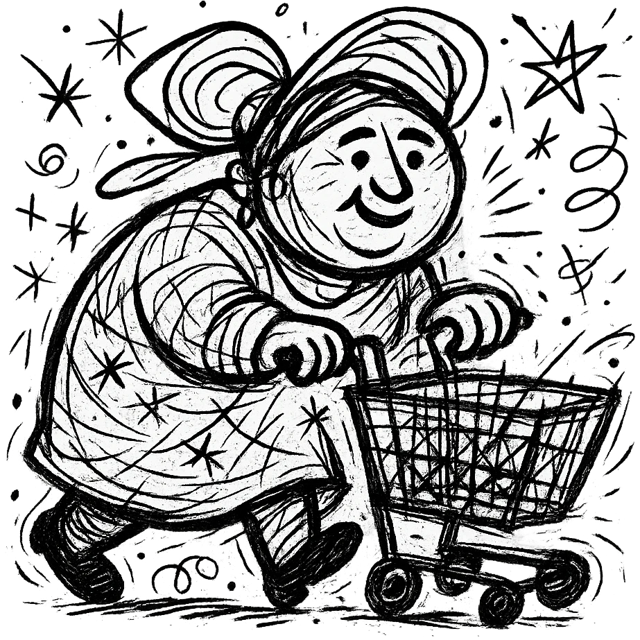 hand-drawn Uzbek woman with a shopping cart, chaotic energy emoji