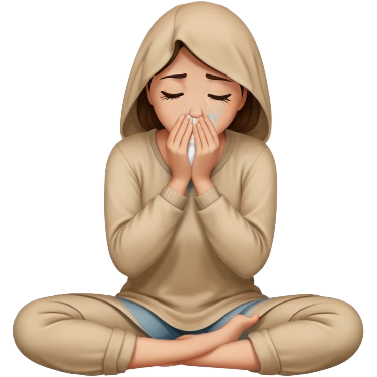 woman sitting on floor in profile view crying with face covered by arms emoji