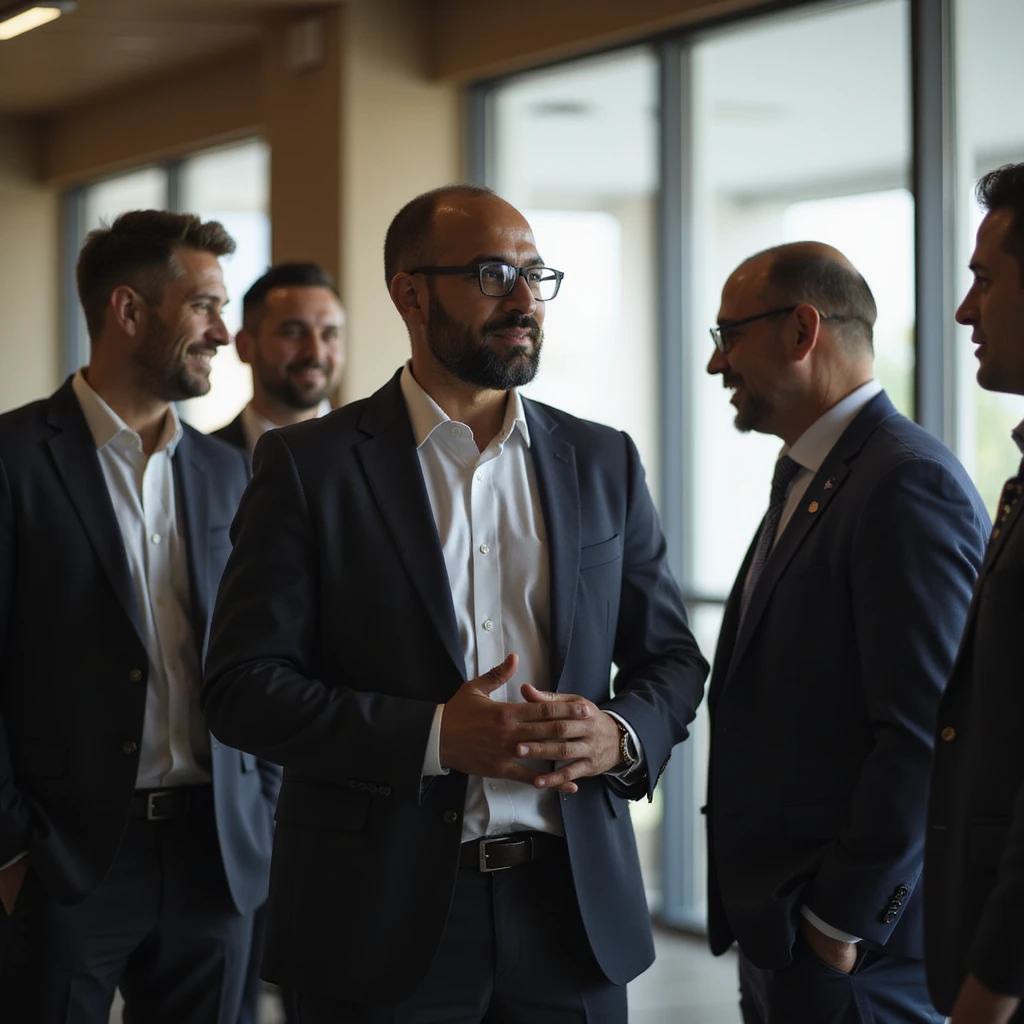 an indian businessman standing talking to a group emoji
