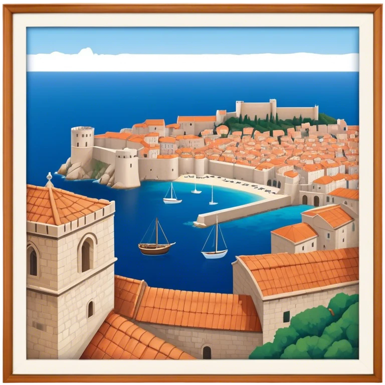 Cinematic Realistic Dubrovnik Landmark Emoji, showcasing the historic walled city with its terracotta rooftops, stone fortifications, and the deep blue Adriatic Sea stretching beyond. emoji
