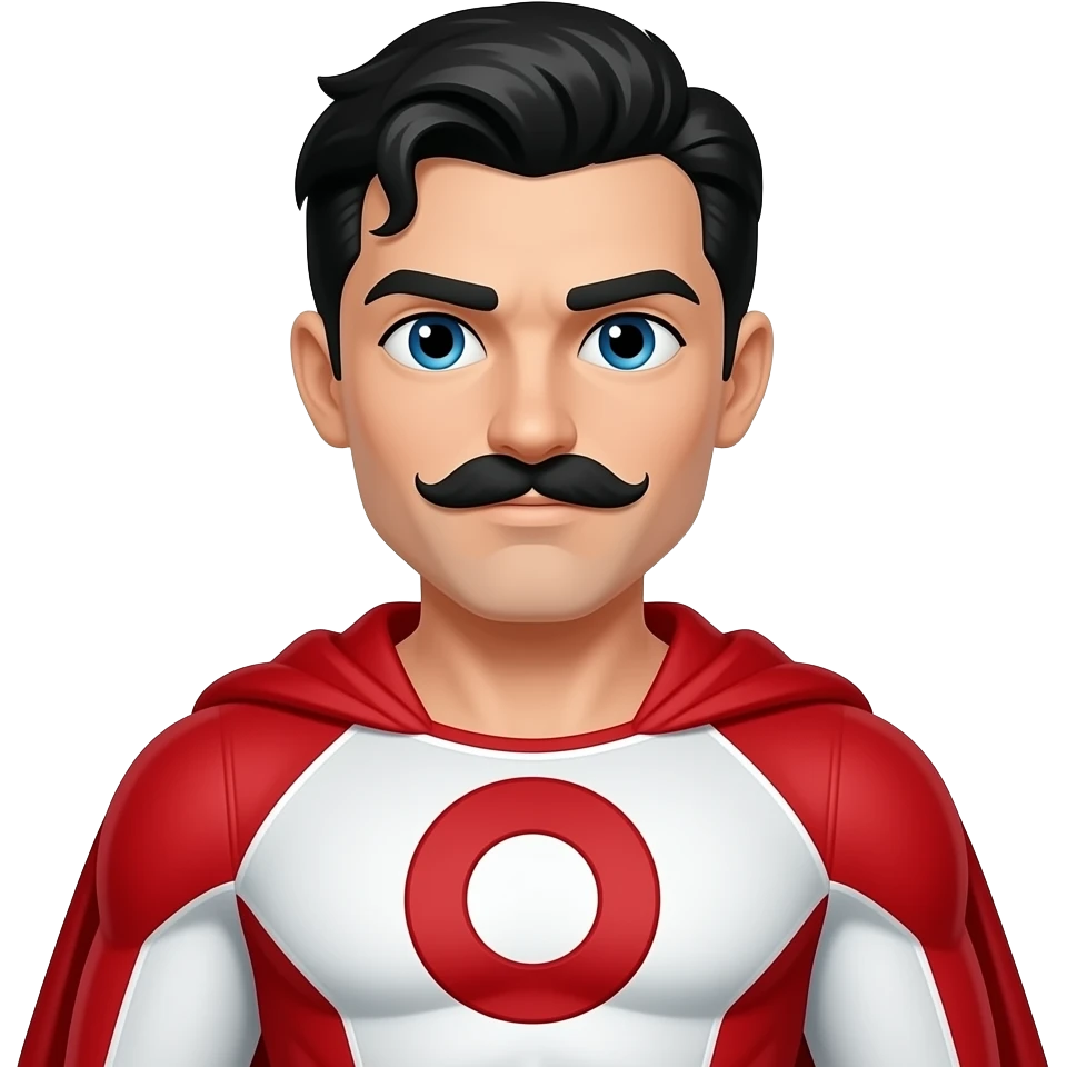 Superhero half body half grey half black slick hair blue eyes beige skin red-white hero suit, red cape, black mustache, big symbol “O” in red emoji