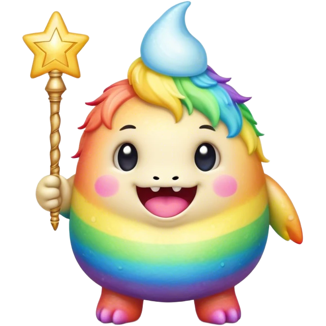 Kawaii derpy fat rainbow monster with magic wand, rich textures, visually rich, so lifelike that it feels like it could leap off the page at any moment emoji