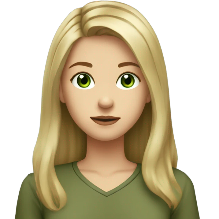 pretty teenage girl with long dirty blonde hair parted in the middle, green eyes, and wearing an olive green shirt emoji