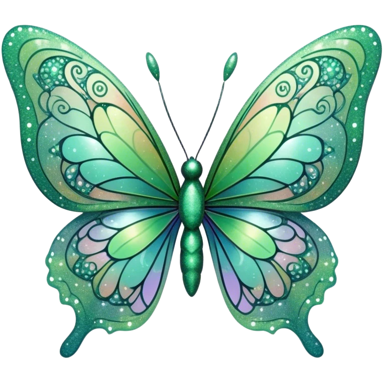 Pastel sparkly green glittery iridescent rainbow transparent butterfly with detailed intricate patterns emoji