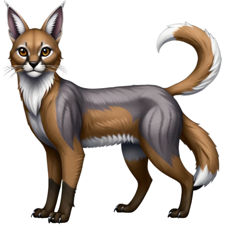 Realistic patterned marked edgy greyish blackish whitish silvery coppery Shiny Colorful Glossy Caracal-Fox-Cabbit-Lion-Bobcat-fusion-animal-hybrid-creature, full body, big-tufted-bat-ears, long-thin-tufted-white-tipped-tail emoji