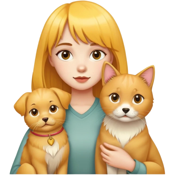 Girl with yellow bangs surrounded by golden retriever and three cats emoji