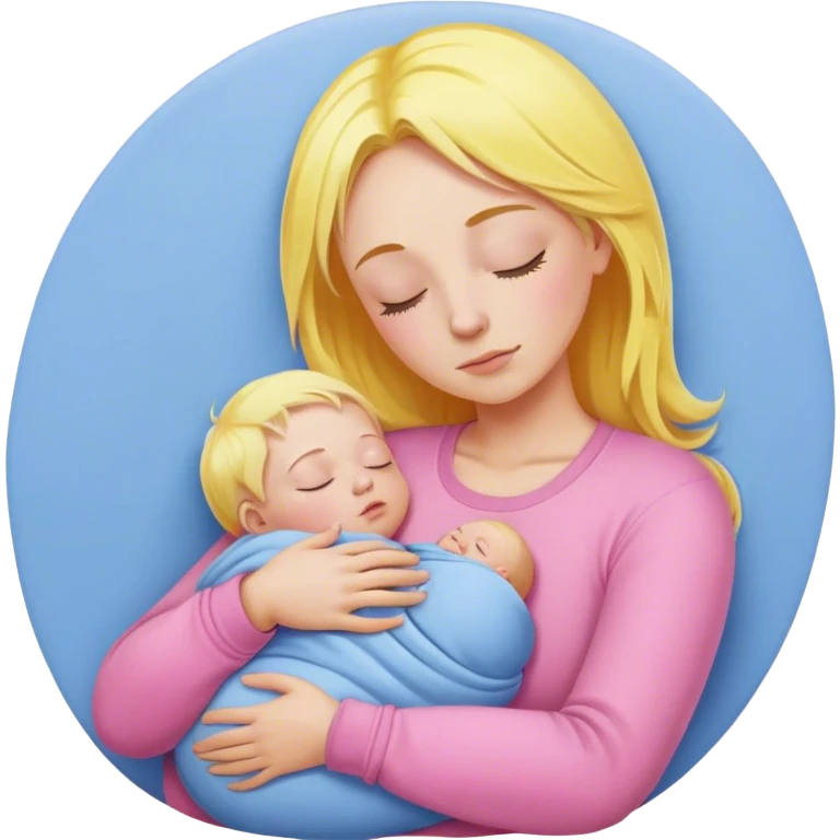 Mother is holding a baby, the mother has yellow hair and pink clothes, the baby is sleeping in blue clothes emoji