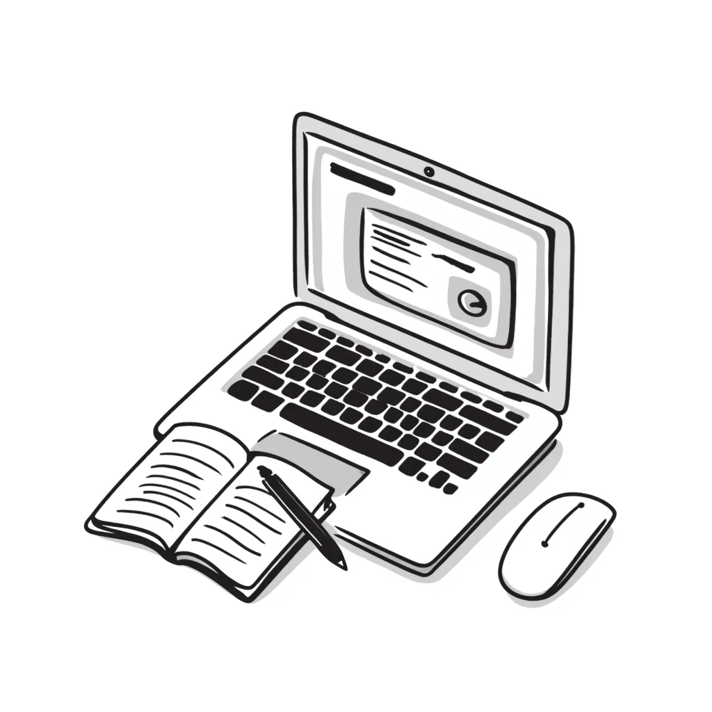 top view of a MacBook and a notebook with a pen nearby, different arrangement emoji