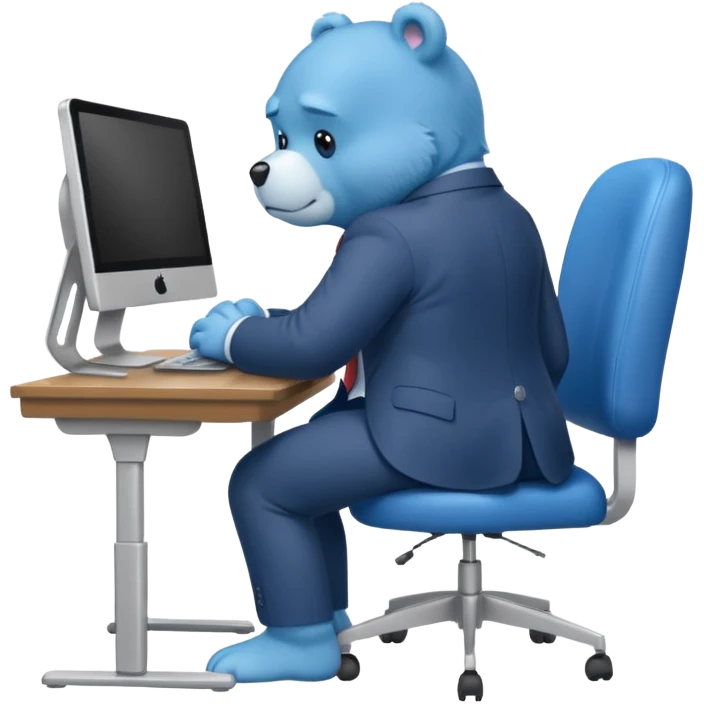 Blue Care bear sad in suit back view, sit on a chair, working on a computer, with a big desk emoji