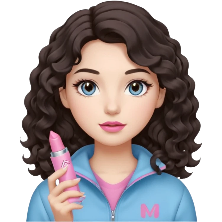 A girl with soft loose wavy curls (not tight), dark brown hair with natural volume, round-almond Douyin-style eyes with long curled lashes, cool-tone neutral makeup. She’s wearing a light-blue athletic outfit and holding a normal-size pink lipstick in one hand.. emoji