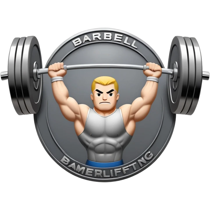 An emblem symbolizing powerlifting, featuring a bold barbell at the center, with strong, muscular arms lifting the barbell. The design is dynamic and powerful, using sharp lines and bold text. The background is minimal, ensuring the focus stays on the emblem. emoji