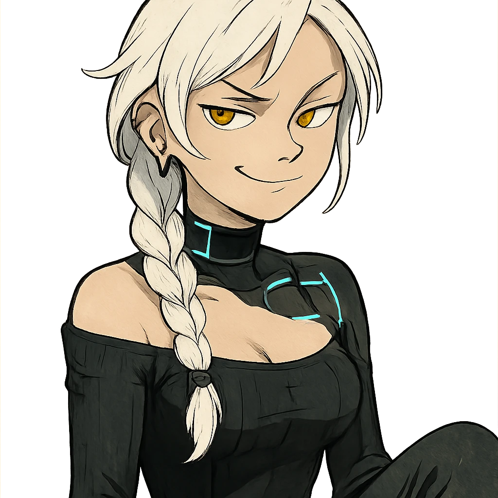  she is making a smug and suspicious facial expression, eyebrows pointed up, a closeup portrait of young woman with gold yellow eyes, white hair, long braid, black off-shoulder top d-cup, punk gothic style, futuristic cyberwave cyberpunk, sitting position
 emoji
