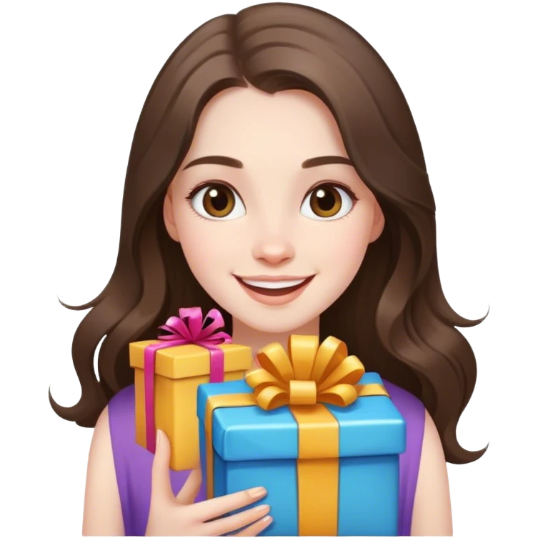 happy beautiful pale brunette girl with long hair with birthday presents emoji