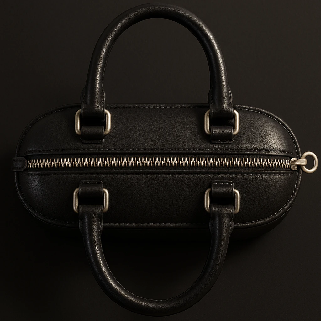 Make the Alaïa Teckel bag look more photorealistic with realistic leather texture, metallic hardware, and natural lighting, top-down view. Preserve transparency if present. emoji