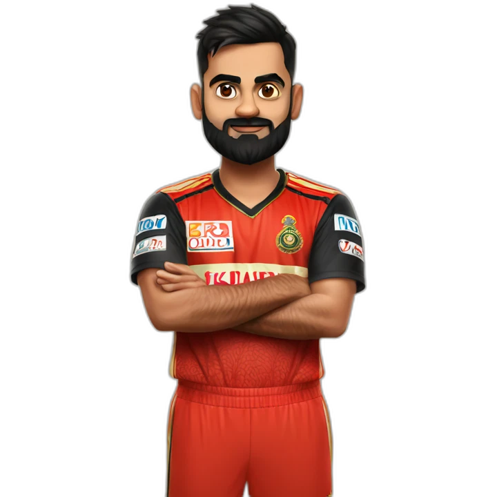 create a virat kohli standing while folding his hands wearing RCB Jeresy emoji