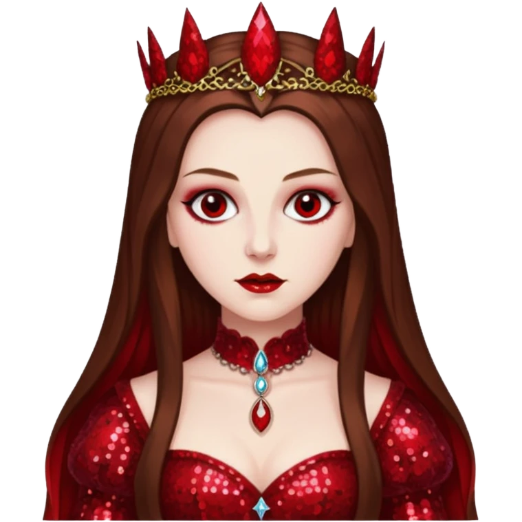 Countess Bathory with long brown hair, red sequin outfit emoji