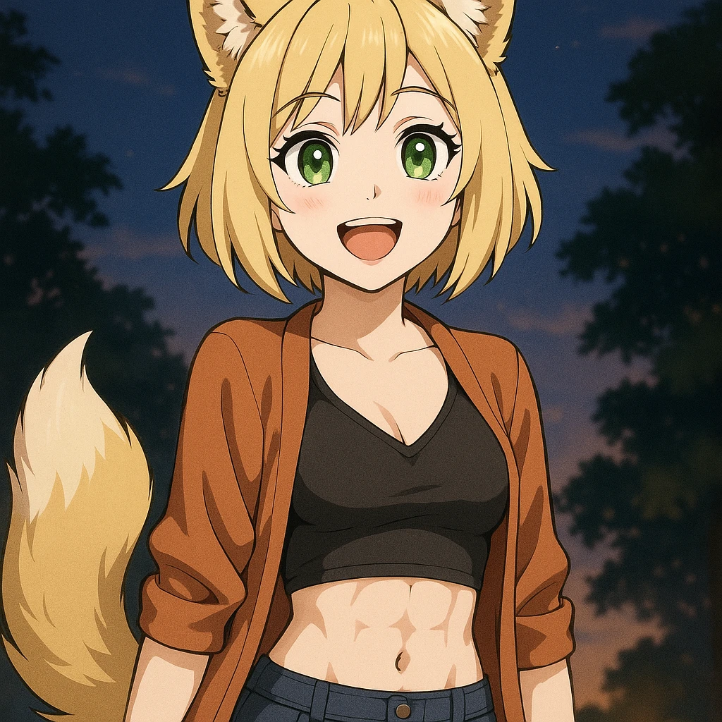 a girl in Demon Slayer anime style, 15 kg, 155 cm tall, short blonde hair, wolf-like blonde ears and tail (furry), shining green emerald eyes, hourglass figure, visible abs, attractive breasts, long eyelashes, red soft lips, very smooth skin, wearing casual evening clothes, joyful expression, loves food and evening walks emoji