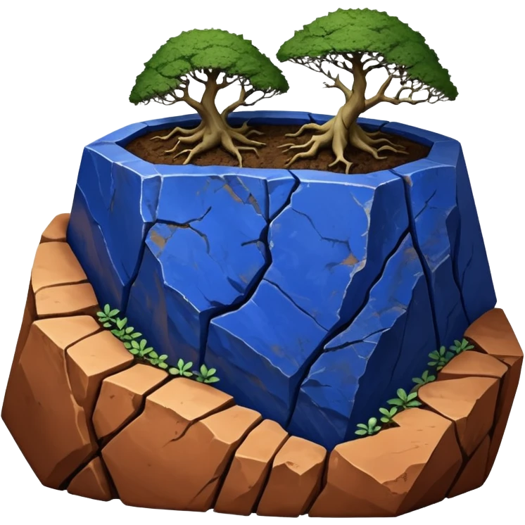 Aged two toned lapis blue terracotta Roots Stoneware akadama moss on soil irregular angular Stone Age rocks cracked crags and broken rough edges forming a very shallow flat Yixing forest pot emoji