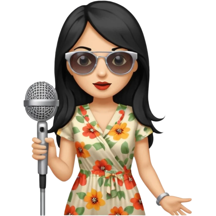 long haired woman with summer clothes and sun glasses holding microphone emoji