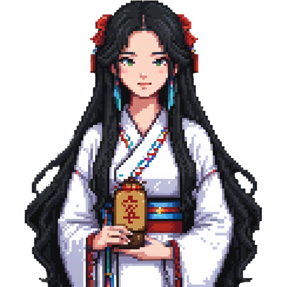 Beautiful girl with long black hair holding a jianghuangsed emoji