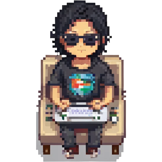 Freelancer, Asian male, black hair, sunglasses, using a laptop, pixel art style emoji