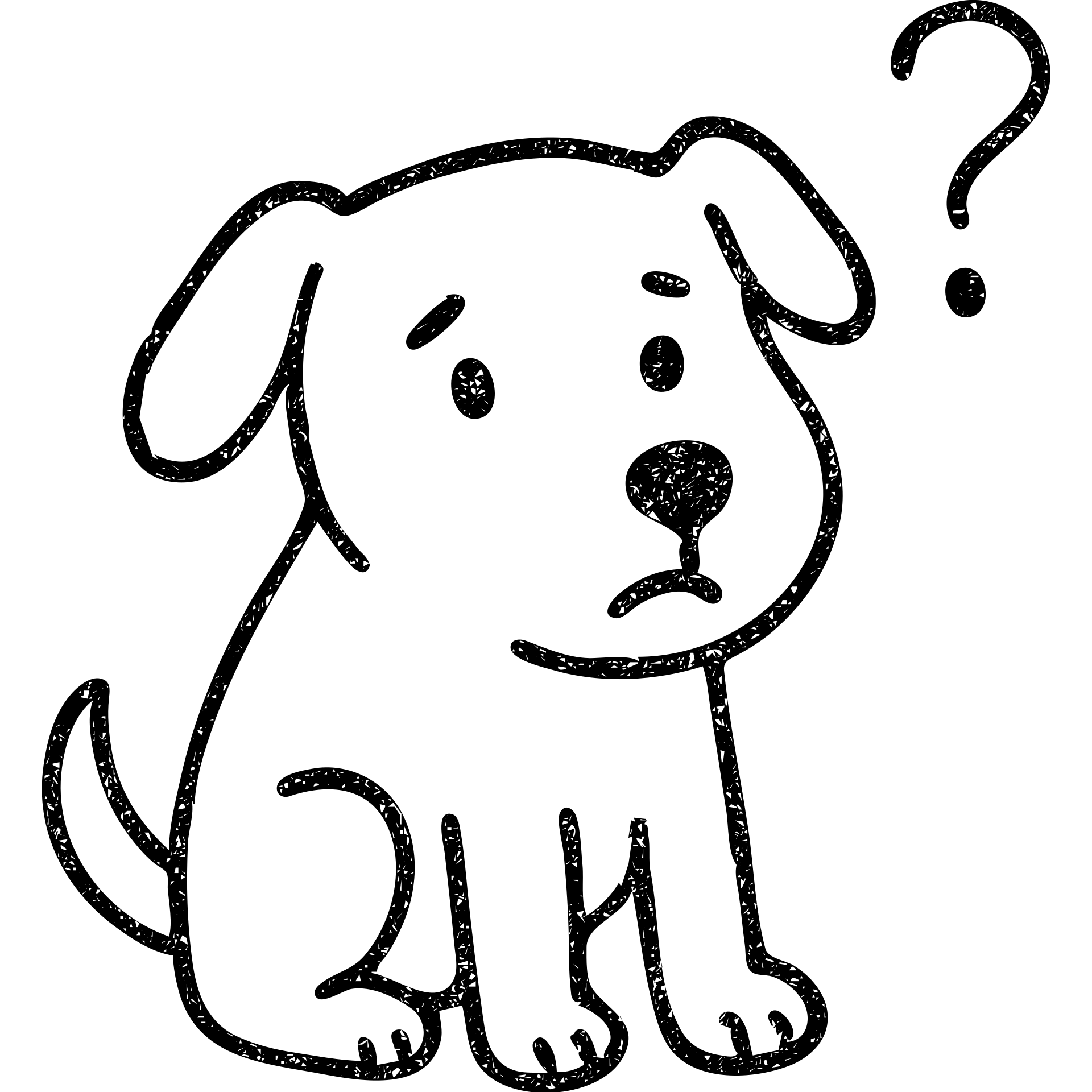 hand-drawn outline of a dog looking puzzled, question mark near face emoji