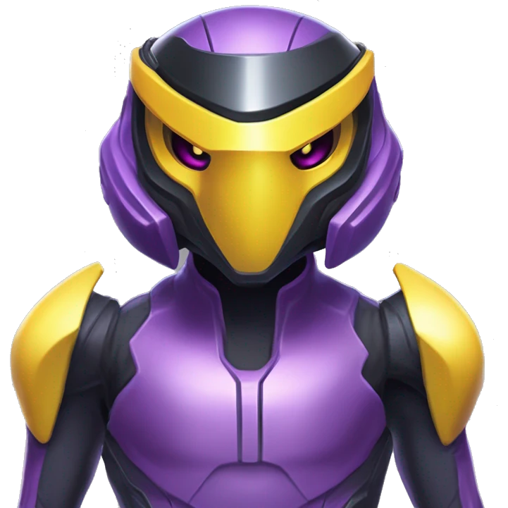 a shiny black-purple-yellow Genesect-Raptor-Fakémon—hybrid with a futuristic visor-helmet full bod emoji