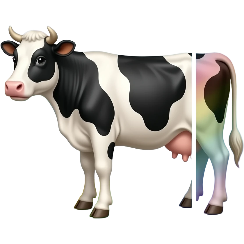 a black and white cow stands inside a glass prism that shines with rainbow colors - refraction of light emoji