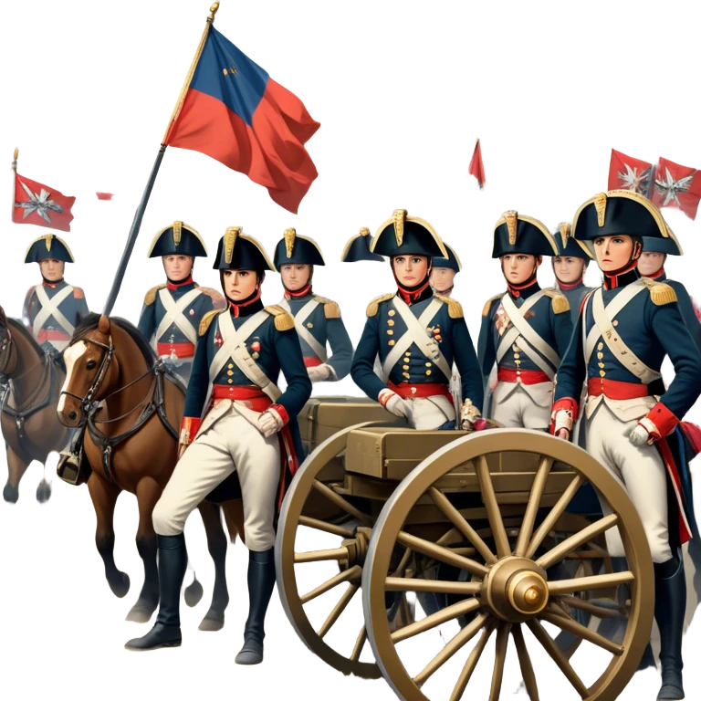A vintage movie poster-style design depicting a dramatic Napoleonic War scene. Include soldiers in period uniforms, cannons, and a battlefield with flags and horses. The background should evoke a sense of battle and history, with old-fashioned cinematic flair. Transparent background. emoji