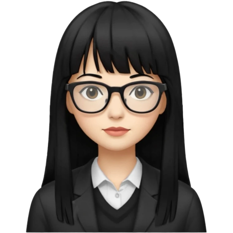 eu quero um icon de snapchat de uma mulher com o fundo branco, cor da pele normal, óculos pretos, cabelo preto liso grande com franja emoji